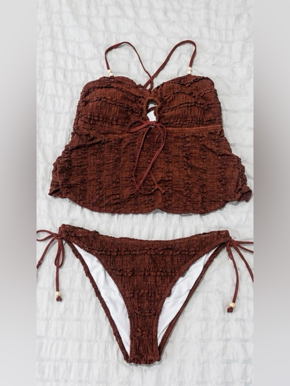 Brown Textured Tankini Swimsuit Set - Picture 1 of 7